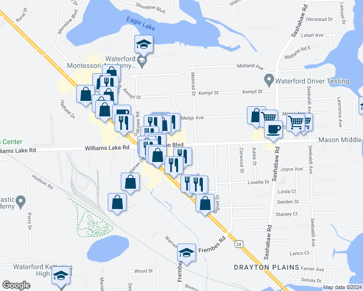 map of restaurants, bars, coffee shops, grocery stores, and more near 4668 West Walton Boulevard in Waterford Township