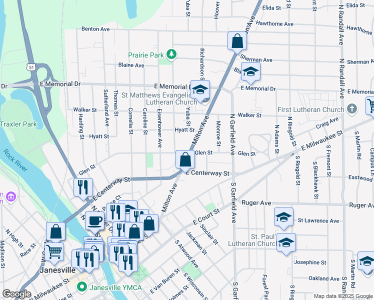 map of restaurants, bars, coffee shops, grocery stores, and more near 517 Milton Avenue in Janesville