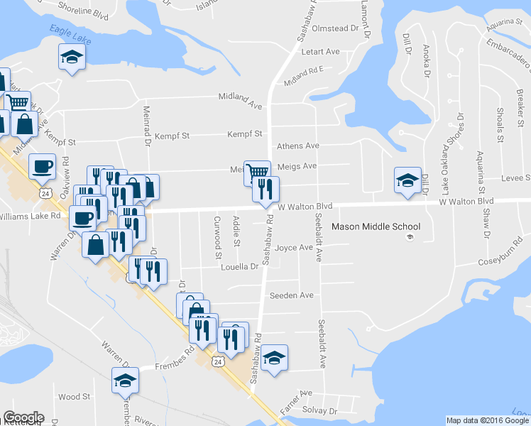 map of restaurants, bars, coffee shops, grocery stores, and more near 3487 Sashabaw Road in Waterford Township