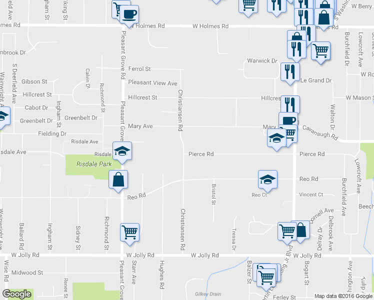 map of restaurants, bars, coffee shops, grocery stores, and more near 1814 Pierce Road in Lansing