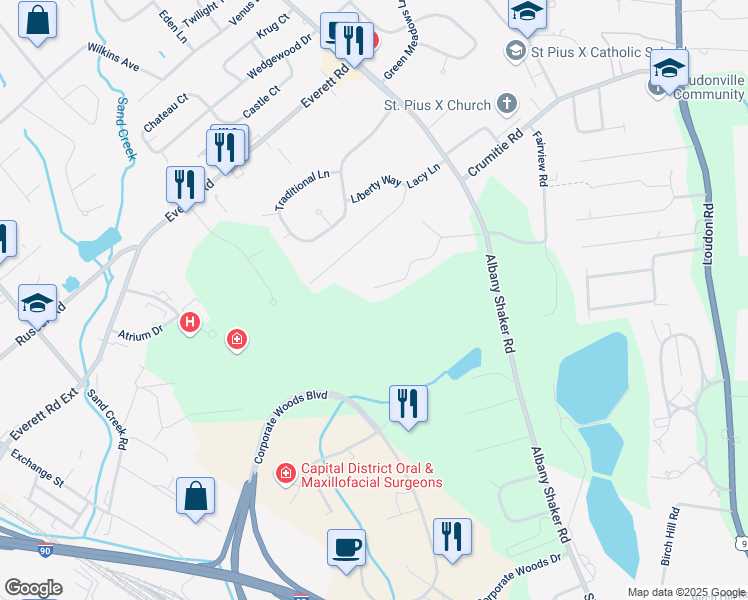 map of restaurants, bars, coffee shops, grocery stores, and more near 14 Pepper Lane in Albany
