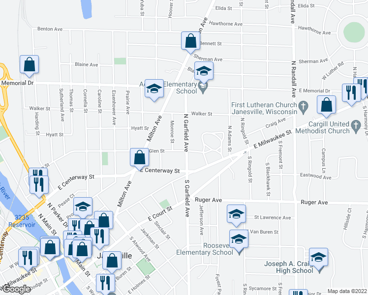 map of restaurants, bars, coffee shops, grocery stores, and more near 945 Glen Street in Janesville