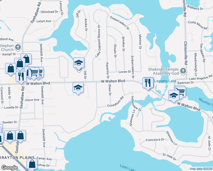 map of restaurants, bars, coffee shops, grocery stores, and more near 3580 West Walton Boulevard in Waterford Township