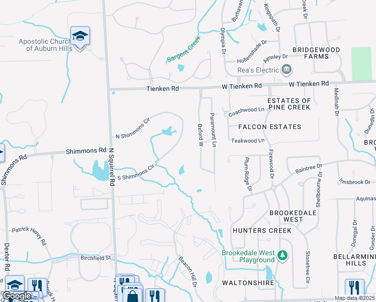 map of restaurants, bars, coffee shops, grocery stores, and more near 3780 South Shimmons Circle in Auburn Hills
