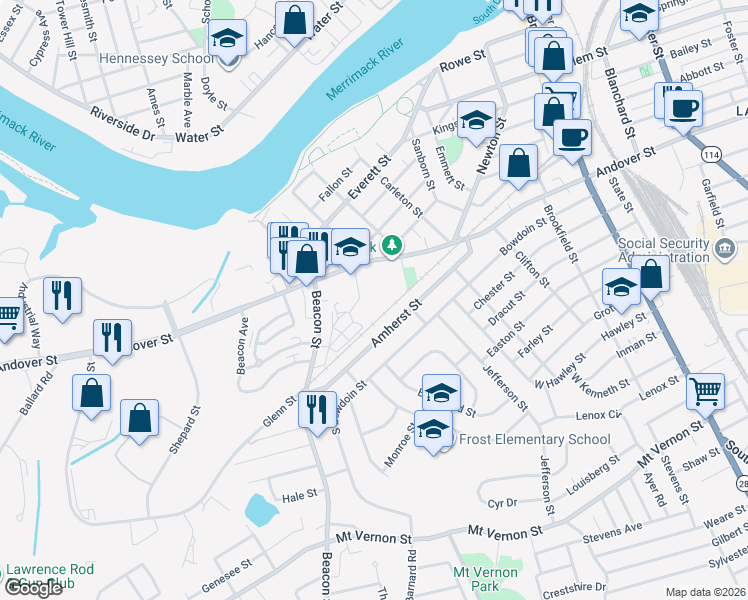 map of restaurants, bars, coffee shops, grocery stores, and more near 569 Andover Street in Lawrence