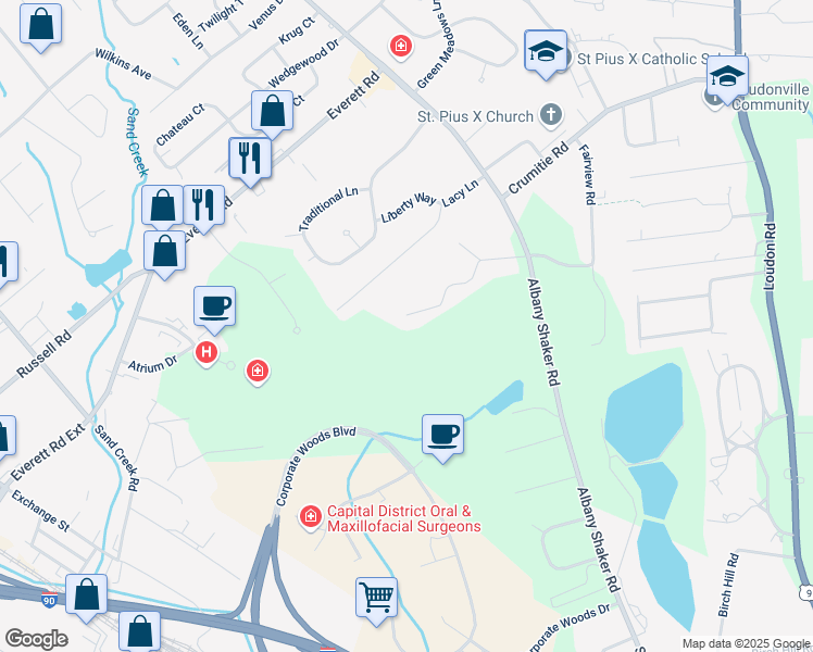 map of restaurants, bars, coffee shops, grocery stores, and more near 14 Pepper Lane in Albany