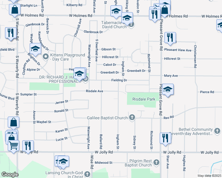 map of restaurants, bars, coffee shops, grocery stores, and more near 2838 Risdale Avenue in Lansing