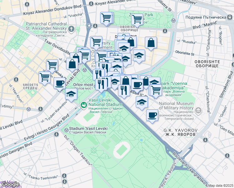 map of restaurants, bars, coffee shops, grocery stores, and more near 7 Boulevard "Tsarigradsko shose" in Sofia