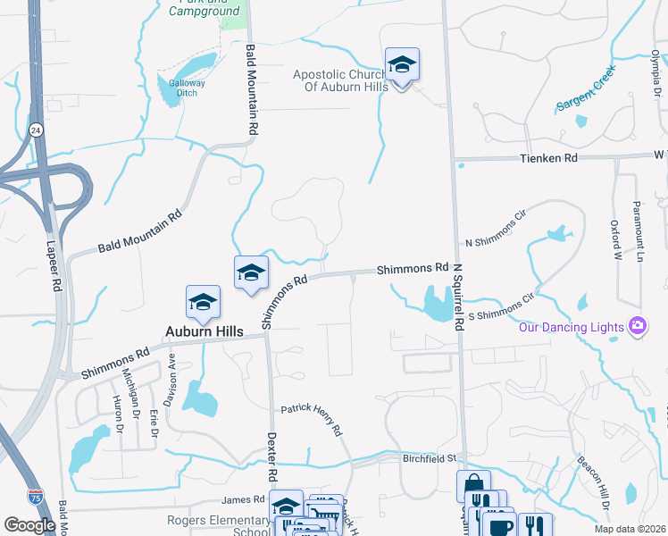 map of restaurants, bars, coffee shops, grocery stores, and more near 3205 Shimmons Road in Auburn Hills