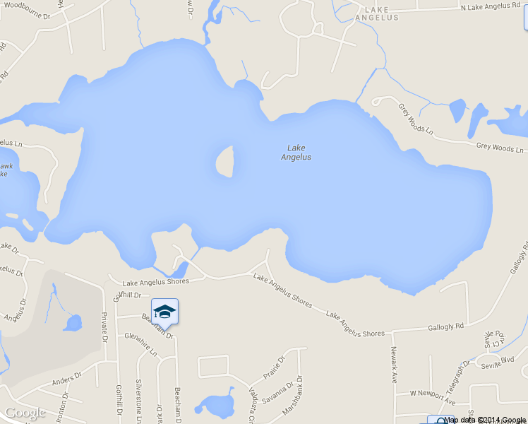 map of restaurants, bars, coffee shops, grocery stores, and more near 1070 Lake Angelus Shores in Lake Angelus