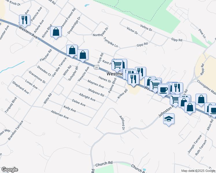map of restaurants, bars, coffee shops, grocery stores, and more near 6 Maynes Avenue in Albany