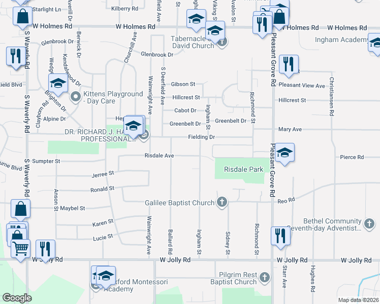 map of restaurants, bars, coffee shops, grocery stores, and more near 2838 Risdale Avenue in Lansing