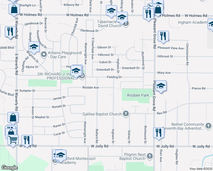map of restaurants, bars, coffee shops, grocery stores, and more near 2838 Risdale Avenue in Lansing