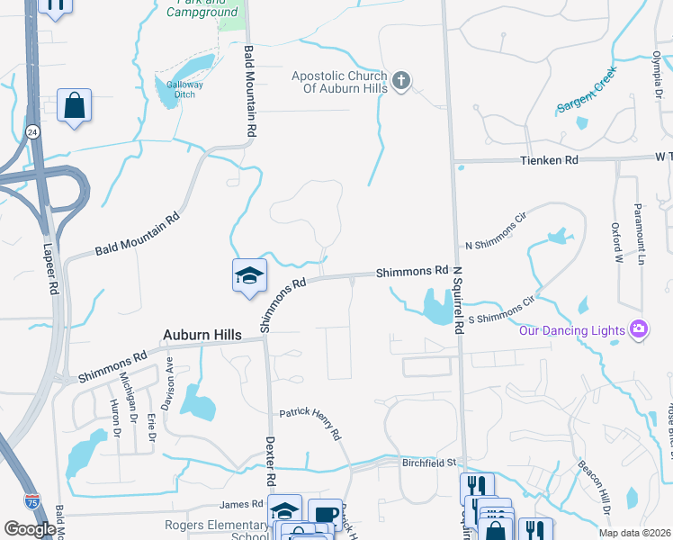 map of restaurants, bars, coffee shops, grocery stores, and more near 3205 Shimmons Road in Auburn Hills