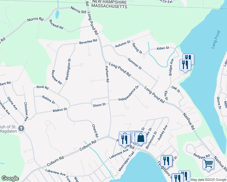 map of restaurants, bars, coffee shops, grocery stores, and more near 79 Parham Road in Tyngsborough