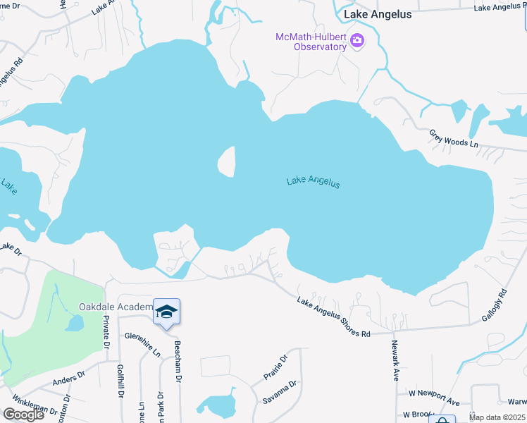 map of restaurants, bars, coffee shops, grocery stores, and more near 1070 Lake Angelus Shores in Lake Angelus