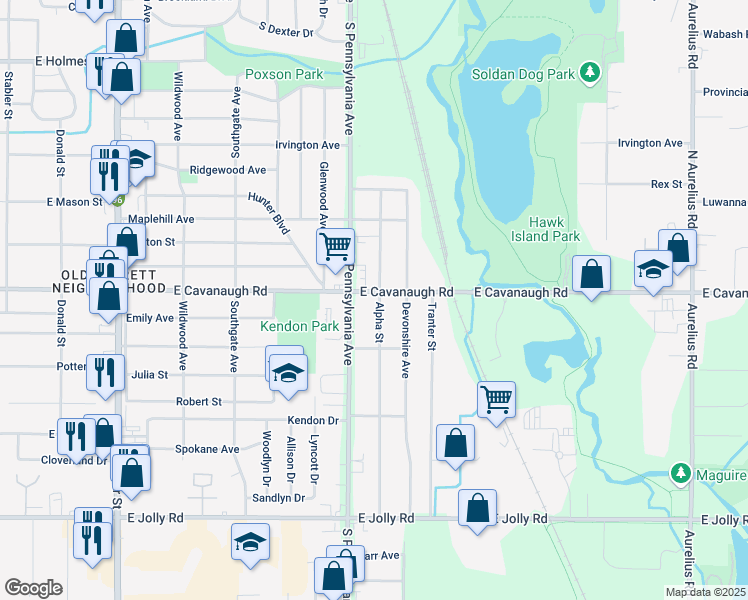map of restaurants, bars, coffee shops, grocery stores, and more near 4300 Alpha Street in Lansing