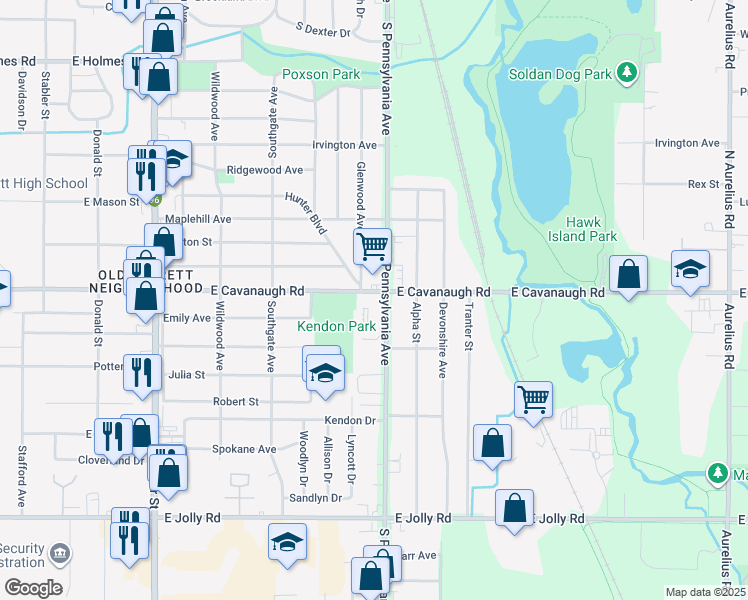 map of restaurants, bars, coffee shops, grocery stores, and more near 4304 South Pennsylvania Avenue in Lansing
