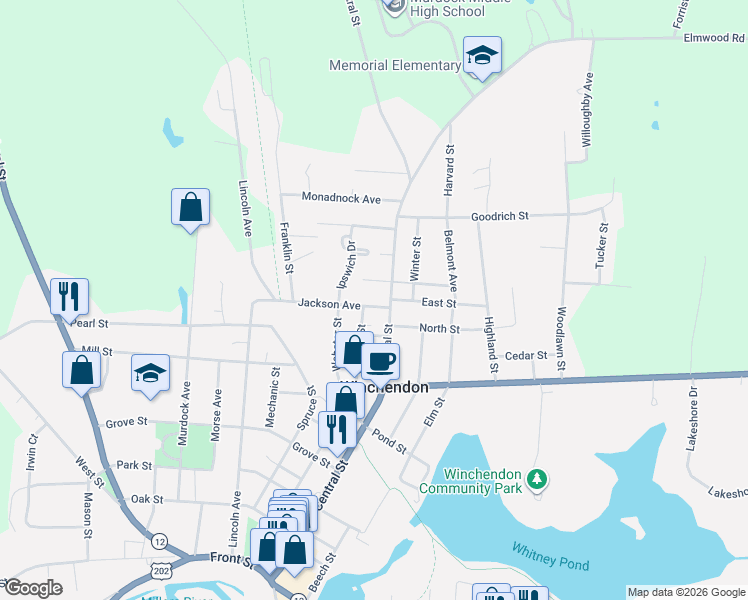 map of restaurants, bars, coffee shops, grocery stores, and more near 21 Jackson Avenue in Winchendon
