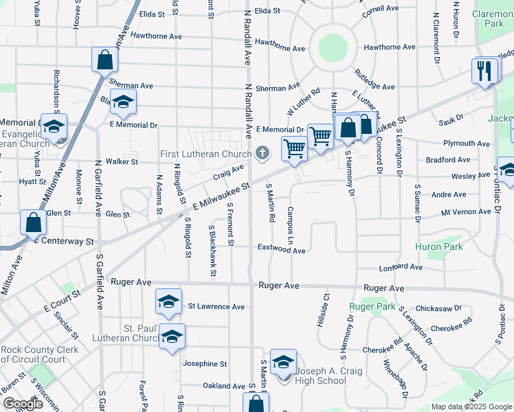 map of restaurants, bars, coffee shops, grocery stores, and more near 21 South Randall Avenue in Janesville