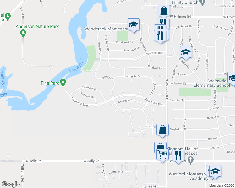 map of restaurants, bars, coffee shops, grocery stores, and more near 4142 Glenburne Boulevard in Lansing
