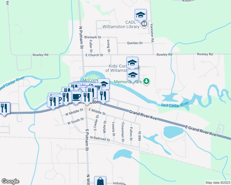 map of restaurants, bars, coffee shops, grocery stores, and more near 301 High St in Williamston