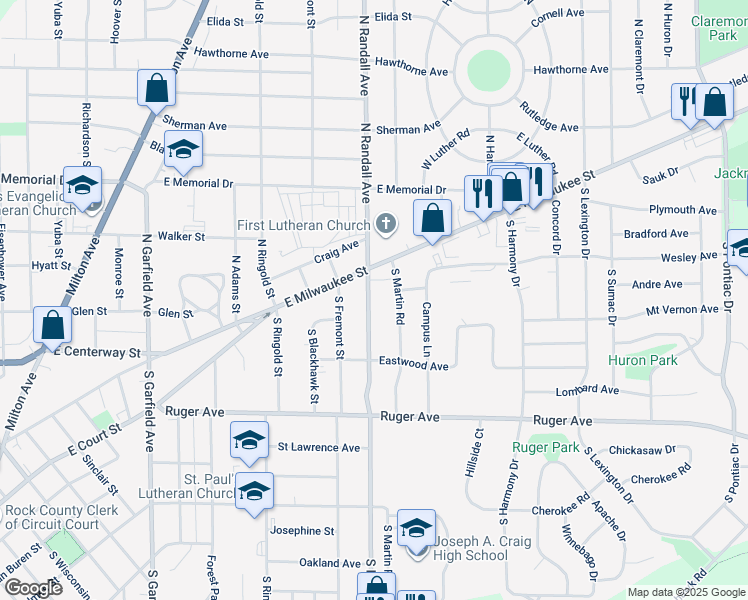 map of restaurants, bars, coffee shops, grocery stores, and more near 21 South Randall Avenue in Janesville