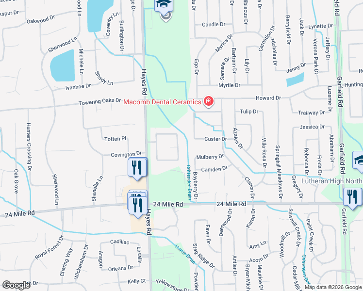 map of restaurants, bars, coffee shops, grocery stores, and more near 53480 Fitzgerald Drive in Macomb
