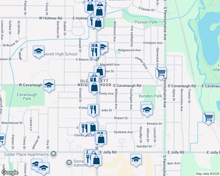 map of restaurants, bars, coffee shops, grocery stores, and more near 540 East Cavanaugh Road in Lansing