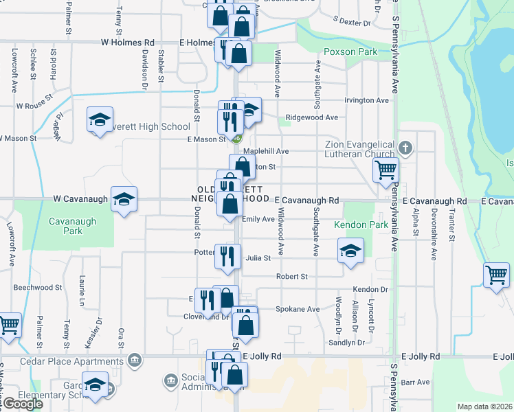 map of restaurants, bars, coffee shops, grocery stores, and more near 4305 Cedar Srv Road in Lansing