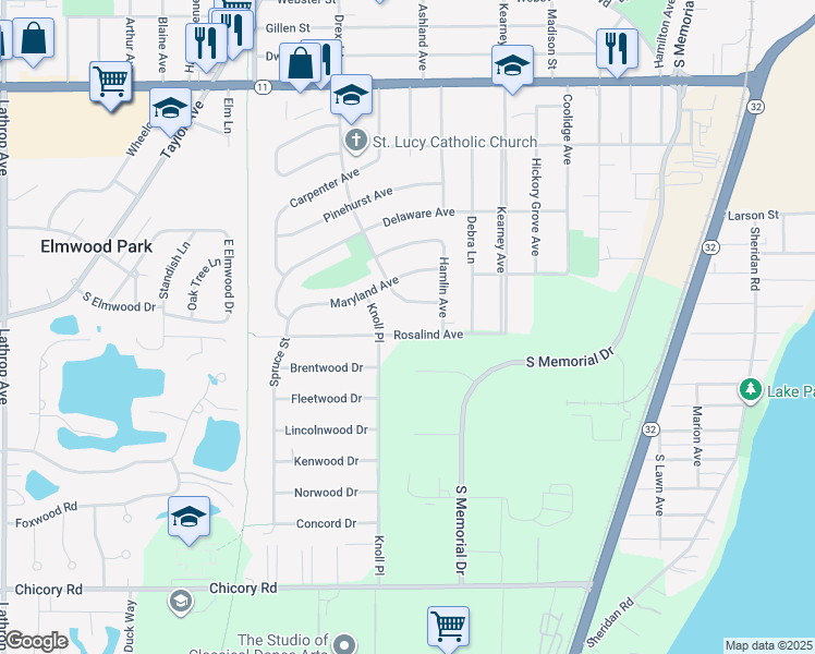 map of restaurants, bars, coffee shops, grocery stores, and more near 2600 Rosalind Avenue in Racine
