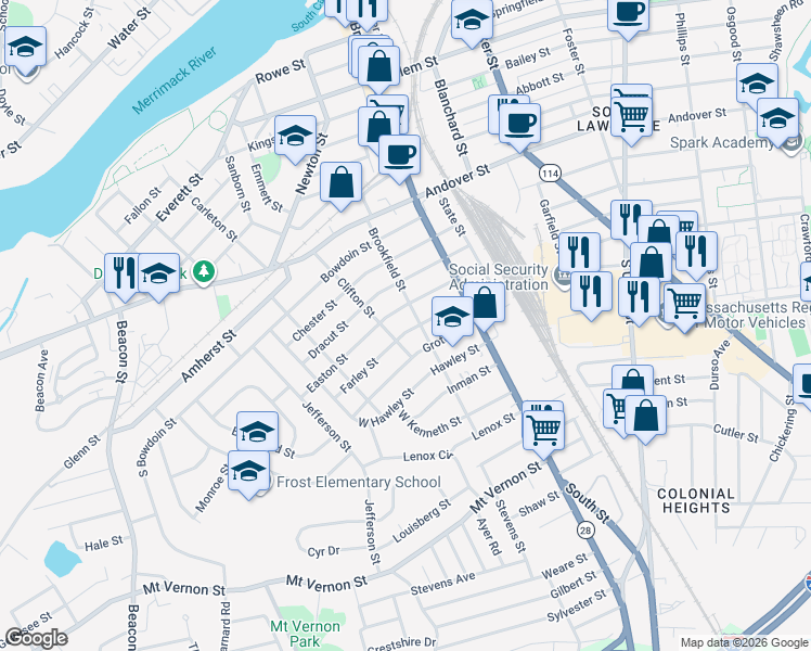 map of restaurants, bars, coffee shops, grocery stores, and more near 37 Farley Street in Lawrence