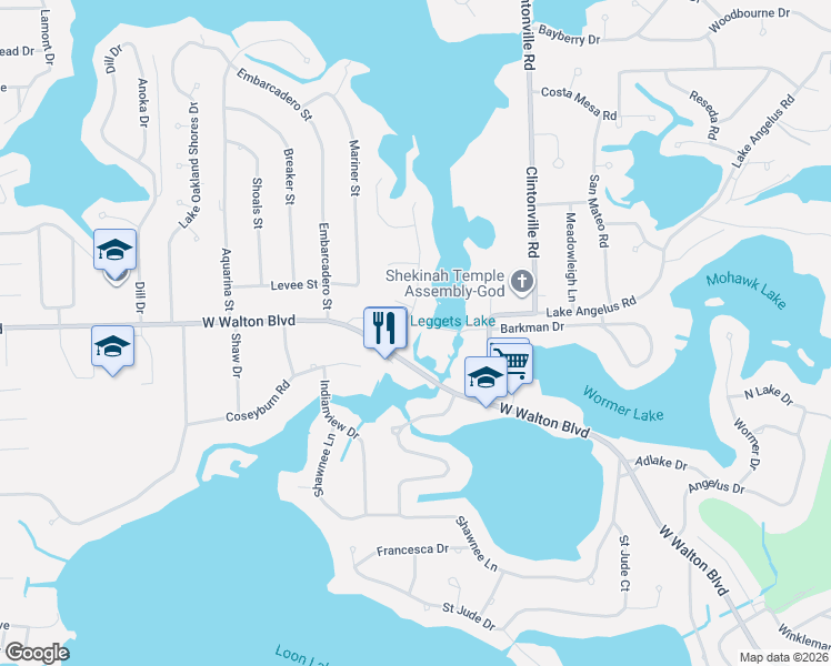 map of restaurants, bars, coffee shops, grocery stores, and more near 3474 Lakeshore Drive in Waterford Township