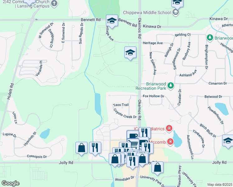 map of restaurants, bars, coffee shops, grocery stores, and more near 2316 Fieldstone Drive in Meridian charter Township