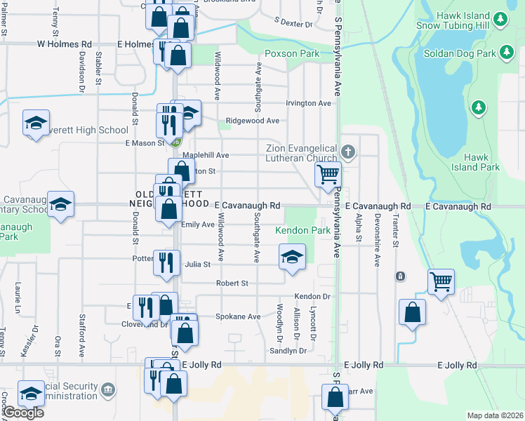 map of restaurants, bars, coffee shops, grocery stores, and more near 648 East Cavanaugh Road in Lansing