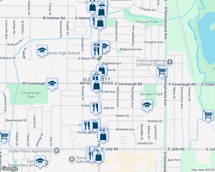 map of restaurants, bars, coffee shops, grocery stores, and more near 4305 Cedar Srv Road in Lansing