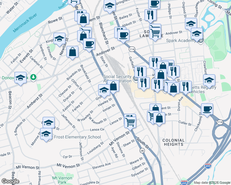 map of restaurants, bars, coffee shops, grocery stores, and more near 320 South Broadway in Lawrence