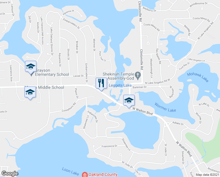 map of restaurants, bars, coffee shops, grocery stores, and more near 3474 Lakeshore Drive in Waterford Township