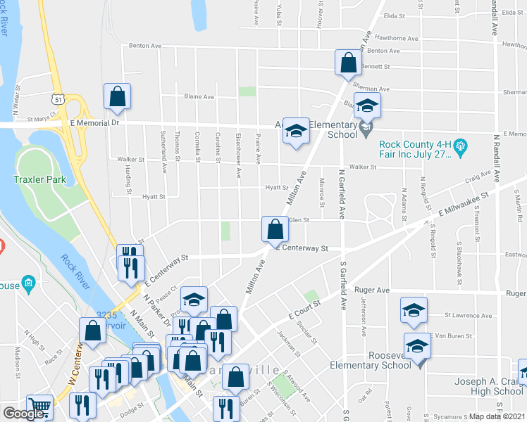 map of restaurants, bars, coffee shops, grocery stores, and more near 508 Prairie Avenue in Janesville