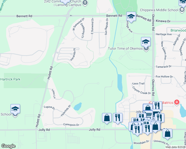 map of restaurants, bars, coffee shops, grocery stores, and more near 2496 Robins Way in Meridian charter Township