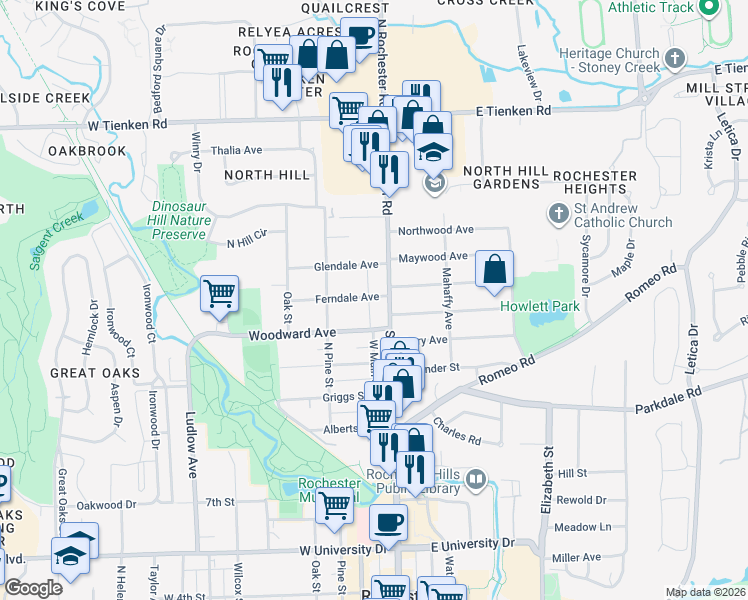 map of restaurants, bars, coffee shops, grocery stores, and more near 1129 North Main Street in Rochester