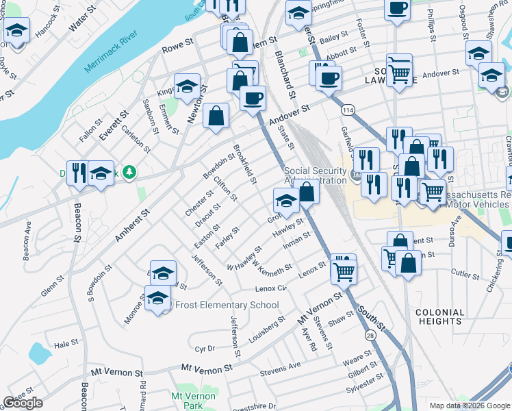map of restaurants, bars, coffee shops, grocery stores, and more near 37 Farley Street in Lawrence