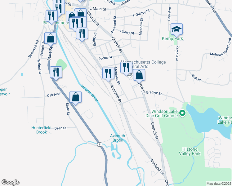 map of restaurants, bars, coffee shops, grocery stores, and more near 282 Ashland Street in North Adams