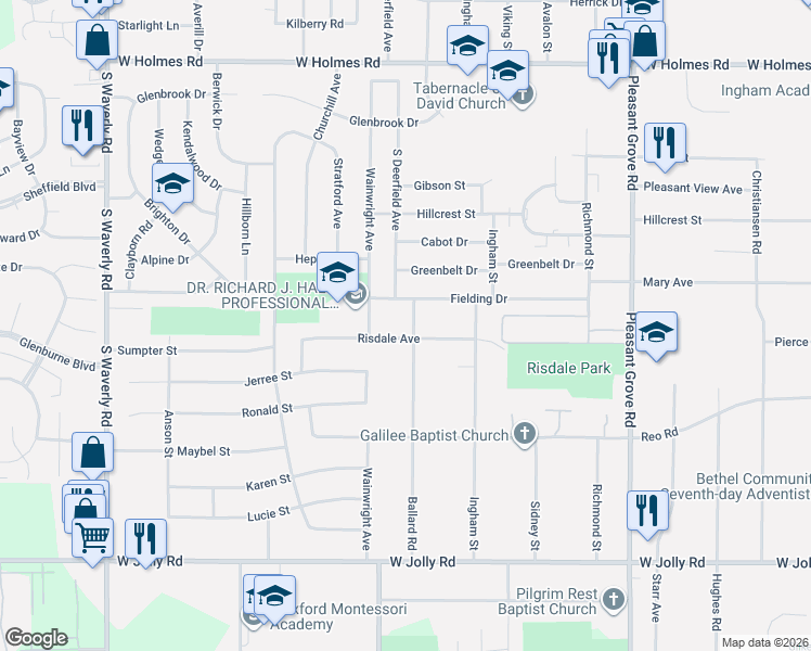 map of restaurants, bars, coffee shops, grocery stores, and more near 4314 Ballard Road in Lansing