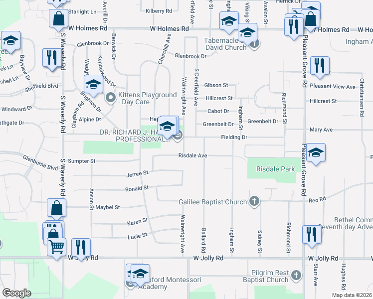 map of restaurants, bars, coffee shops, grocery stores, and more near 4315 Wainwright Avenue in Lansing