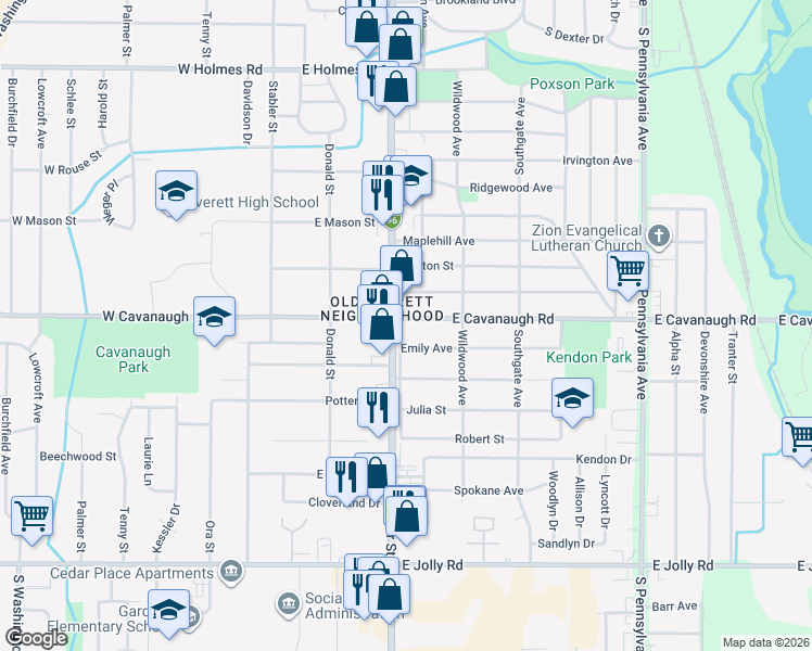 map of restaurants, bars, coffee shops, grocery stores, and more near 4305 Cedar Srv Road in Lansing