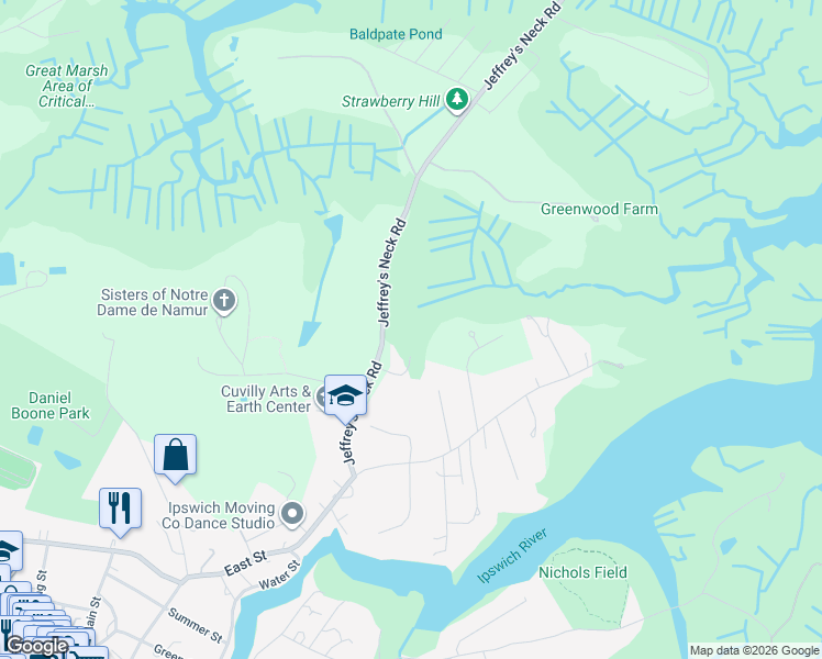 map of restaurants, bars, coffee shops, grocery stores, and more near 21 Jeffrey's Neck Road in Ipswich