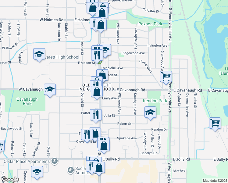 map of restaurants, bars, coffee shops, grocery stores, and more near 540 East Cavanaugh Road in Lansing