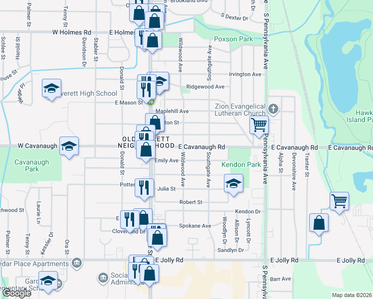 map of restaurants, bars, coffee shops, grocery stores, and more near 618 East Cavanaugh Road in Lansing