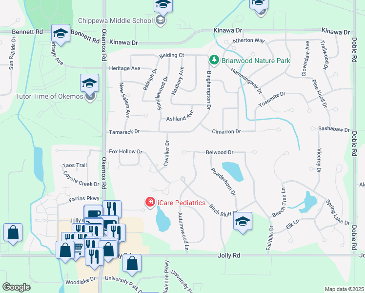 map of restaurants, bars, coffee shops, grocery stores, and more near 2056 Belwood Drive in Meridian charter Township